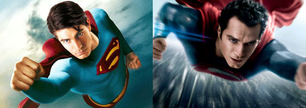 Superhero burden: Superman Returns' Brandon Routh ["My girl left me and I got a kid with asthma than can only throw pianos!"] vs. Man of Steel's Henry Cavill ["Could've saved my dad and been a hero since birth, but he said I shouldn't!"] (SOURCE: Warner Bros)