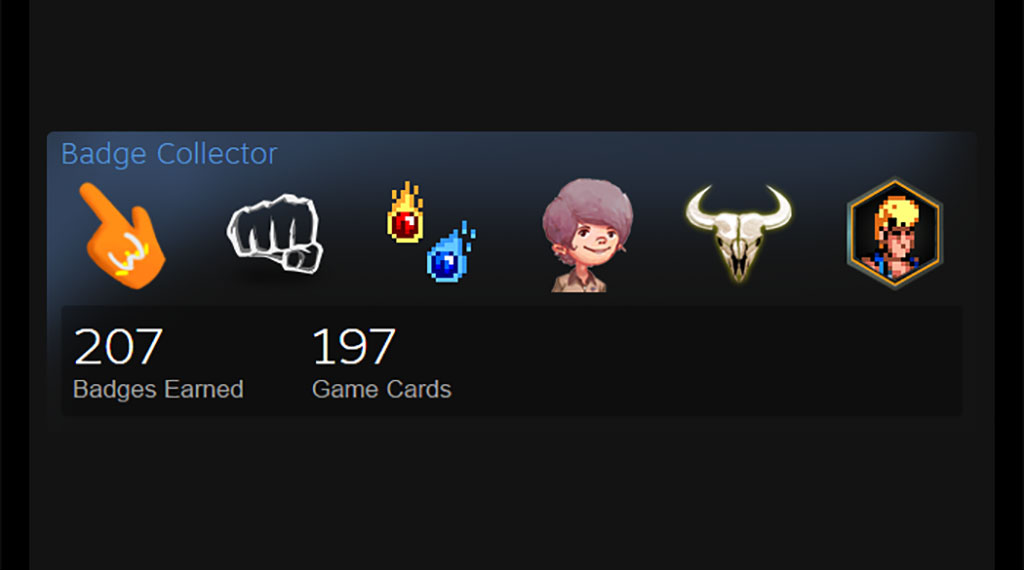A Showcase of rare badges in a Steam Profile page, all crafted with Steam trading cards (SOURCE: Valve Corporation)