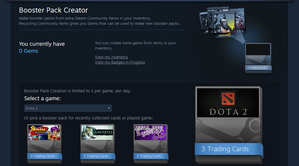 A look at the Steam Booster Pack Creator window (SOURCE: Valve Corporation)