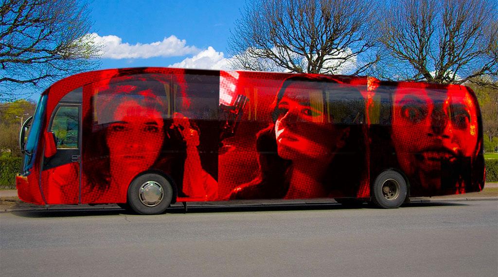 A bus decorated with the faces of Erica Rivas ('Relatos Salvajes'), Eva Green (´Sin City: A Dame to Kill For') and Hannah Fierman ('V/H/S')